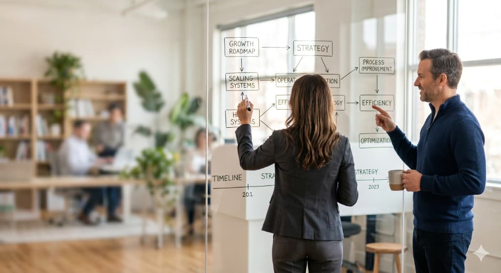 Two professionals collaborating at a glass wall with a hand-drawn growth roadmap and workflow diagram